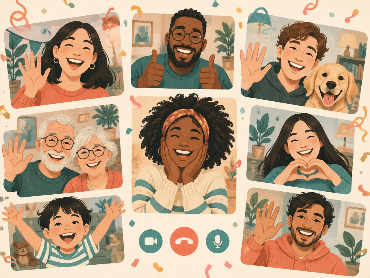 Illustration of friends and family smiling and waving in video call tiles surrounded by confetti